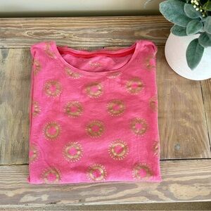 Boden Pink Tee with Gold Sun Pattern ☀️